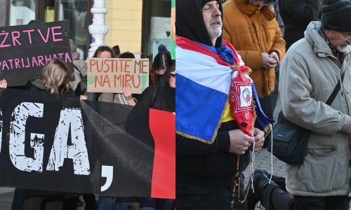 [FOTO/VIDEO] Muškarci na Trgu bana Jelačića opet molili za muškarce, Ženska mreža prosvjedovala