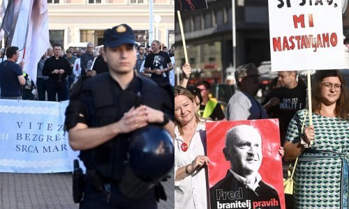 Opet gužva na Trgu: Molitelje čuvaju jake snage policije, SDP-ovke sa slikom Freda Matića