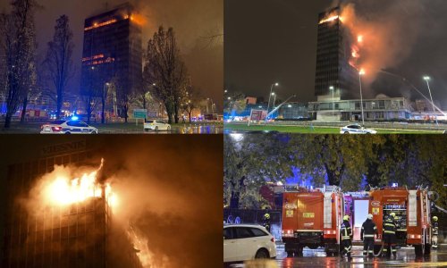 Gori Vjesnikov neboder: Požar se širi, na terenu hrpa vatrogasaca, sa zgrade padaju komadi posvuda
