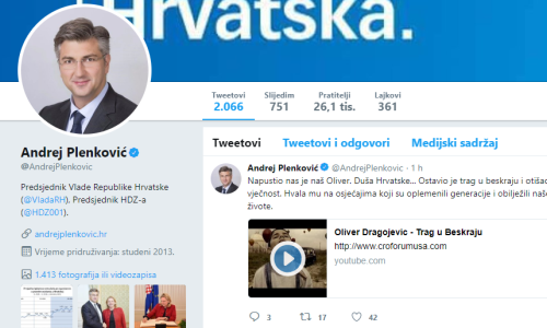 Plenković se na Twitteru oprostio od Olivera: Ostavio je trag u beskraju...