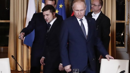 Zelenski i Putin, radni sastanak tijekom summita o Ukrajini u Elizejskoj palači u Parizu, 9. prosinca 2019.