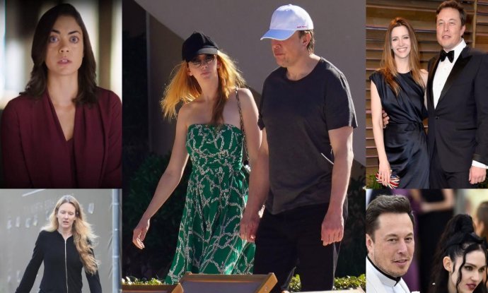 Shivon Zilis (gore lijevo), Justin Musk (dolje lijevo), Elon Musk i Natasha Bassett (u sredini), Talulah Riley (gore desno) i Grimes (dolje desno)
