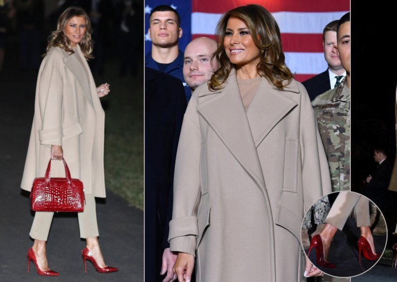 Melania Trump ponovno briljirala: Neutralnu kombinaciju začinila jarko crvenim Louboutinkama i torbom