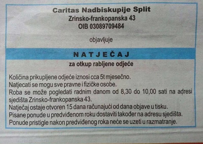 Caritas prodaje odjeću koju građani doniraju