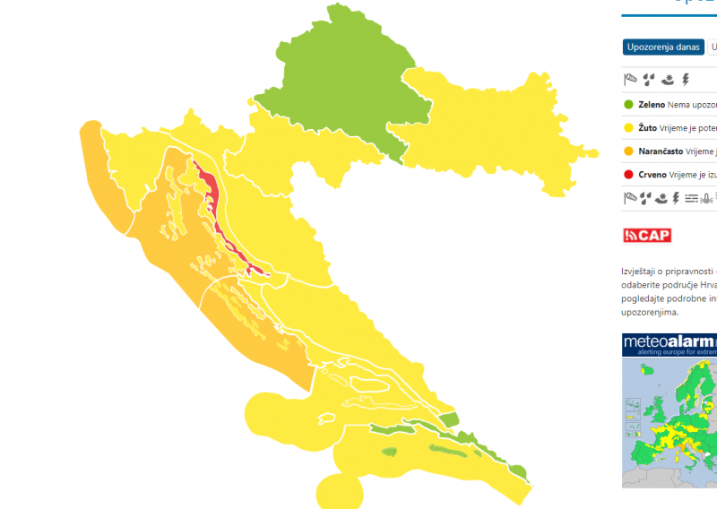 Prognostičari upalili crveni alarm za područje Kvarnera i Velebitskog kanala, a narančasti za Gospić, Dalmaciju i zapad Istre