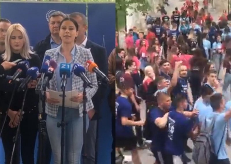 [VIDEO] Škorin stožer na presici nabrajao koliko je tko od Tomaševićevih suradnika uzeo javnih sredstava, prekinuli ih maturanti koji su zapjevali Škorinu pjesmu