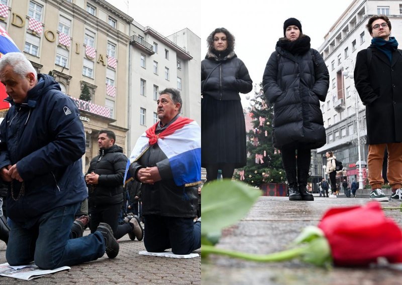 [VIDEO/FOTO] Ideološki sukob na Trgu bana Jelačića: Muškarci opet molili krunicu, ovoga puta ih dočekao protuperformans 'Tiha misa'