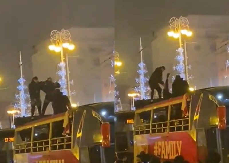 [VIDEO] Slavljenička nezgoda: Brozović se umalo polomio plešući na krovu autobusa