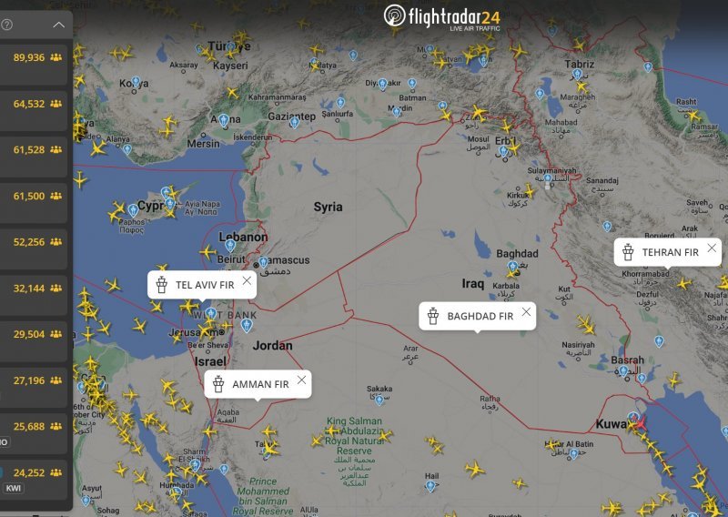 Objavljena karta: Od Irana do Izraela zatvoren zračni prostor