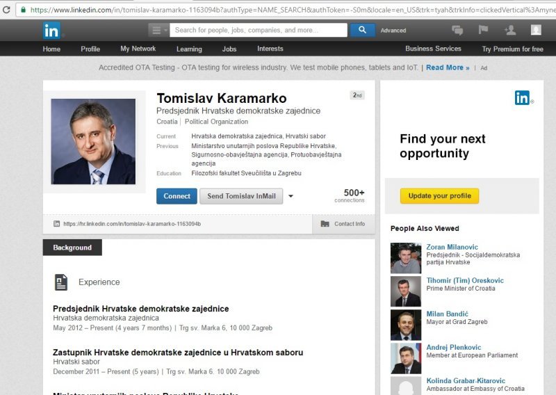 Karamarko na LinkedInu još uvijek predsjednik HDZ-a
