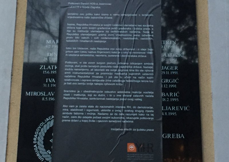 Prelijepili ploču na kojoj je istaknut slogan 'Za dom spremni' u Jasenovcu