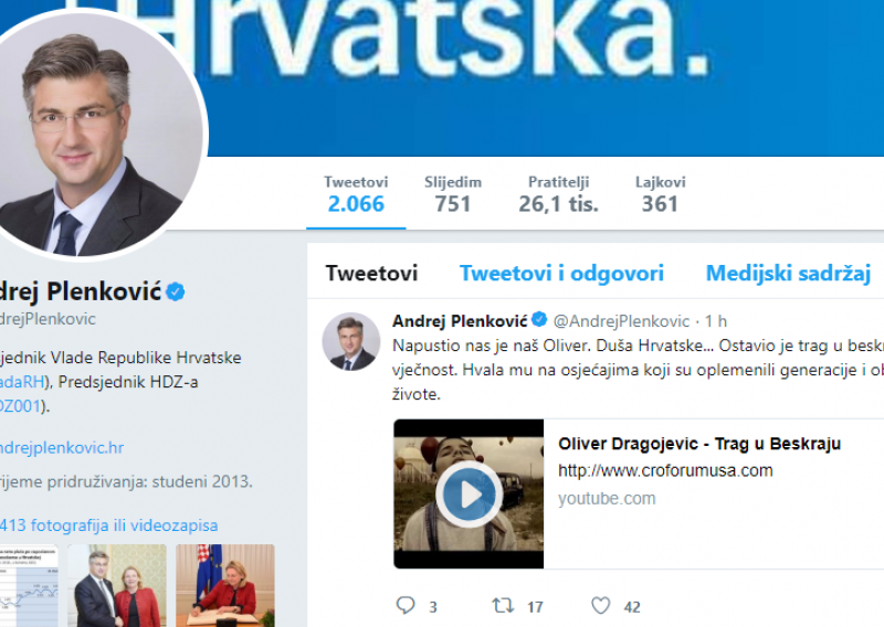 Plenković se na Twitteru oprostio od Olivera: Ostavio je trag u beskraju...