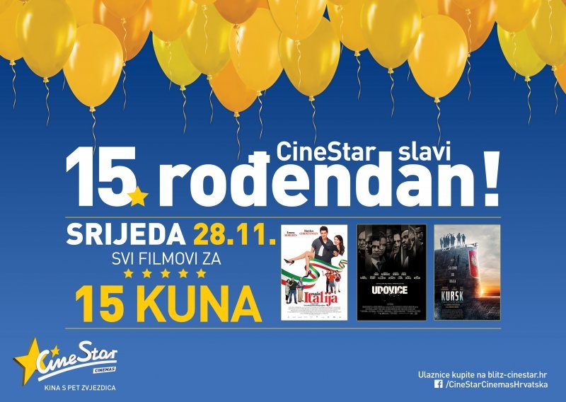 Cinestar obilježava 15. rođendan uz cijenu kinoulaznice od 15 kuna