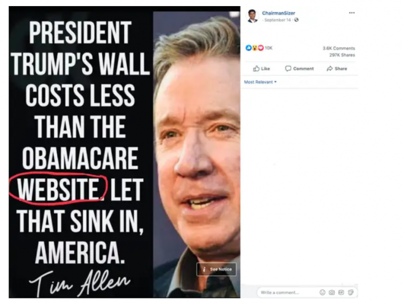 'Tim Allen kaže da podizanje Trumpovog zida košta manje od održavanja internetske stranice ObamaCare'