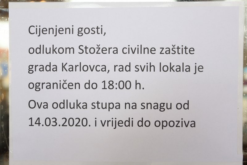 Zbog epidemije koronavirusa na području Karlovačke županije ugostiteljski objekti rade do 18h