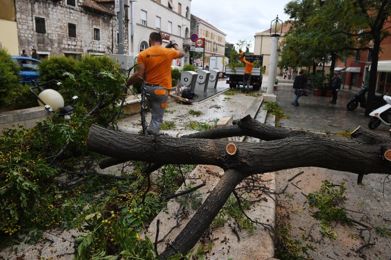 Šibenik: Olujno jugo srušilo stablo na betonski stup rasvjete koji se u potpunosti raspao