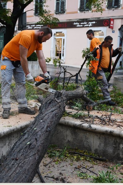 Šibenik: Olujno jugo srušilo stablo na betonski stup rasvjete koji se u potpunosti raspao