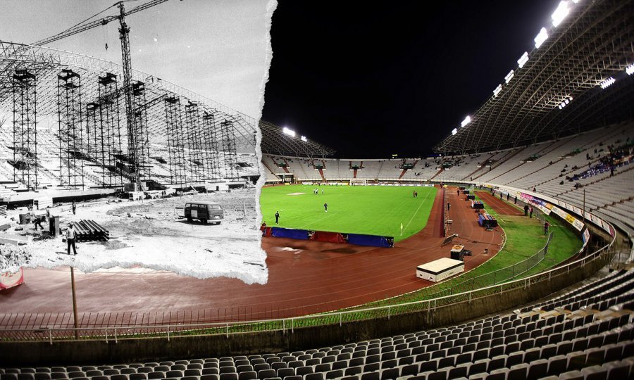 Detalj iz vremena gradnje stadiona prije 40 godina; Poljud danas
