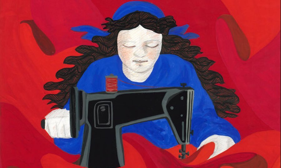 Gülsün Karamustafa, Slika za plakat, Prvi maj, Žena šije beskrajnu crvenu zastavu na šivaćoj mašini, 1977