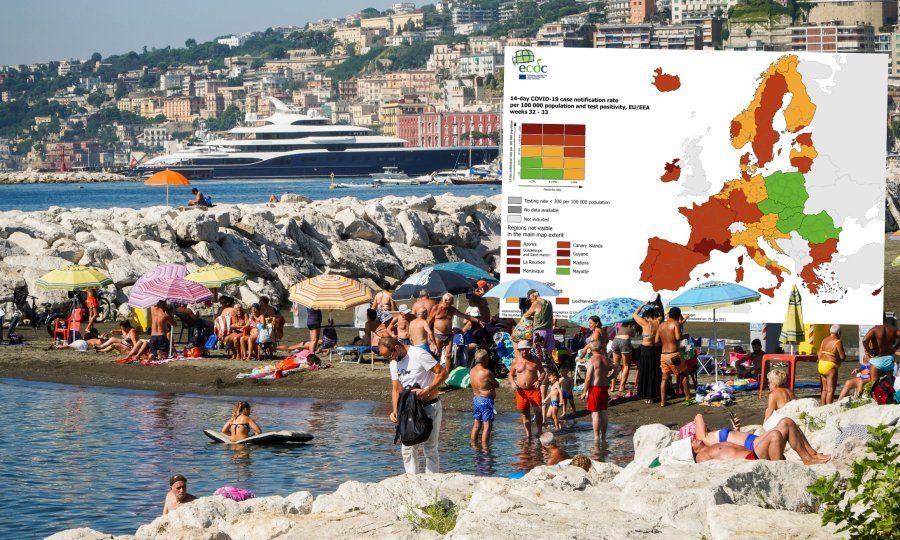 Napulj/Karta ECDC-a; Većina je Italije, poput Hrvatske, u narančastome, a južne regije Kampanija, Kalabrija, Basilicata te otoci Sardinija i Sicilija su u crvenome