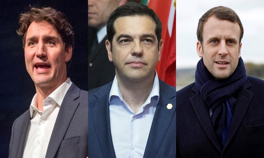 Justin Trudeau, Aleksis Cipras, Emmanuel Macron i Charles Michel