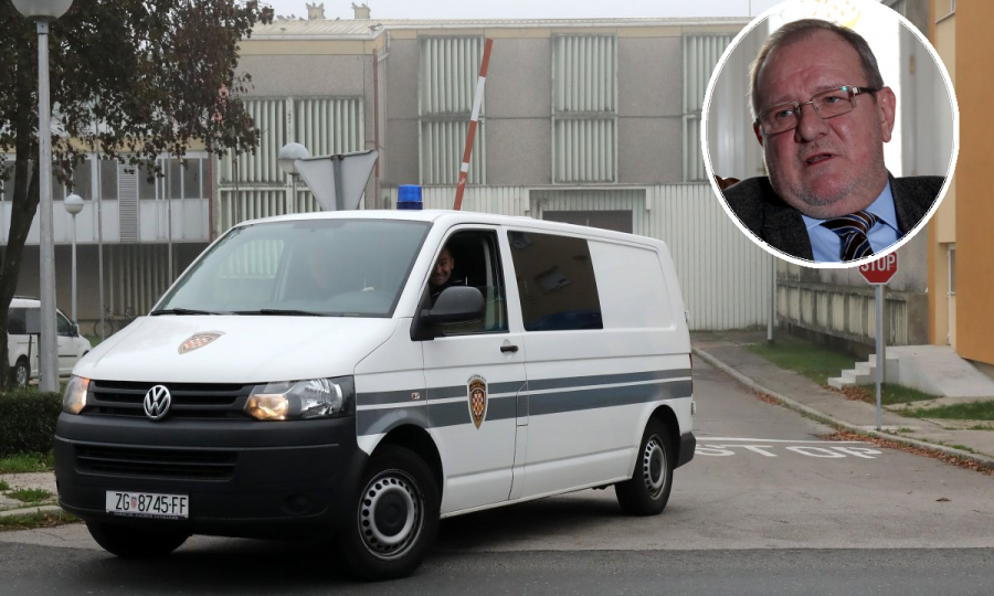 Kombi pravosudne policije izlazi iz Remetinca, odvjetnik Krešimir Krsnik (u krugu)