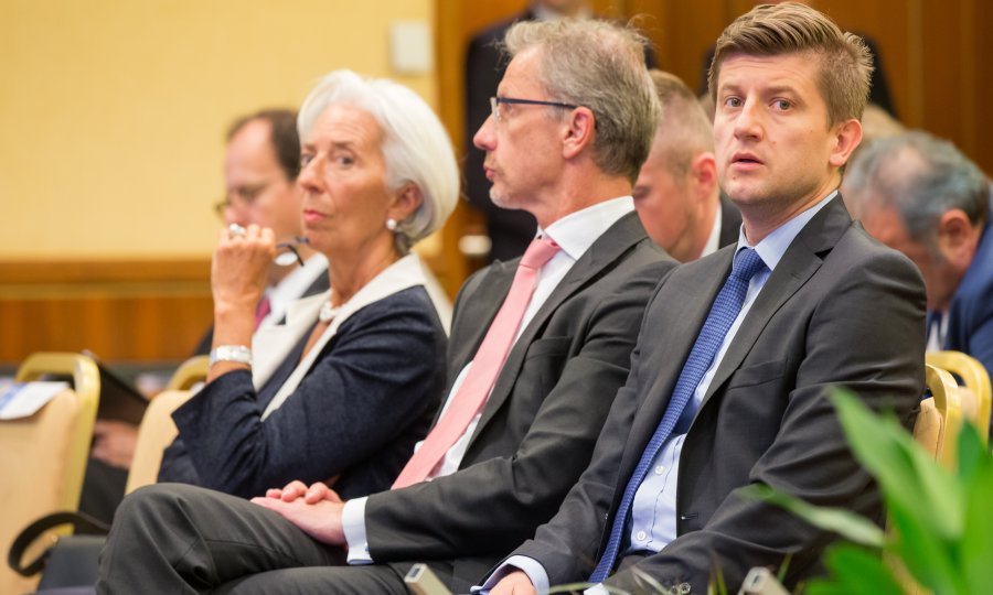 Predsjednica MMF-a Christine Lagarde, guverner HNB-a Boris Vujčić, ministar Zdravko Marić