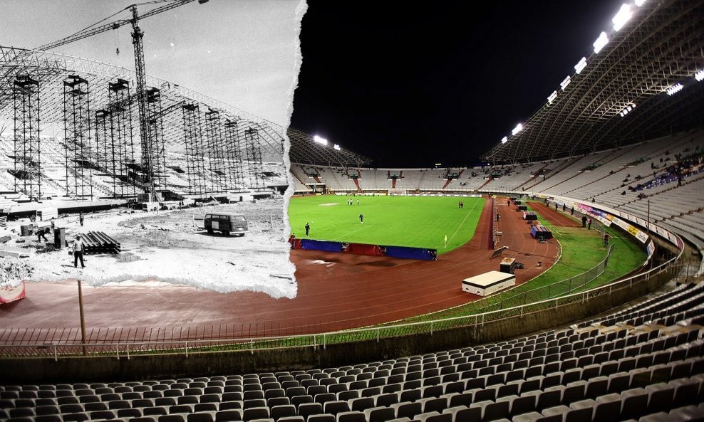 Detalj iz vremena gradnje stadiona prije 40 godina; Poljud danas