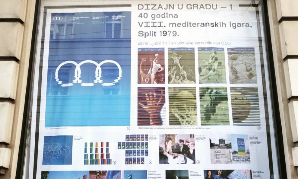 Jedna od sekvenci multilokacijske izložbe 'Dizajn u gradu u izlogu HDD-a prema Palmotićevoj ulici: 40 godina od 8. Mediteranskih igara u Splitu 1979. i mali rječnik jednog od najambicioznijih dizajnerskih projekata iz hrvatske povijesti, Boris Ljubičić i Tim vizualne komunikacije CIO.