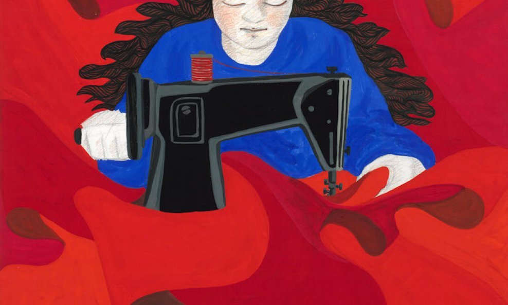 Gülsün Karamustafa, Slika za plakat, Prvi maj, Žena šije beskrajnu crvenu zastavu na šivaćoj mašini, 1977