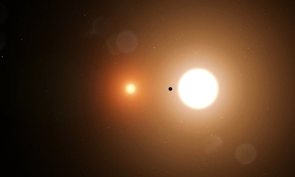 Dvije zvijezde orbitiraju relativno blizu jedna drugoj, dok ih planet obilazi u širem krugu