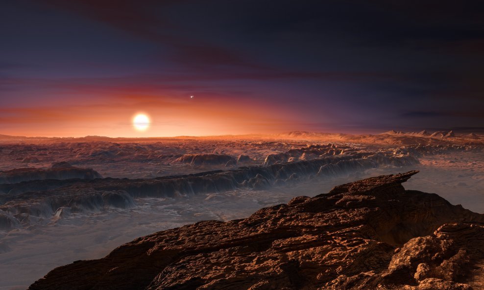 Umjetnički prikaz planeta Proxima b koji orbitira oko crvenog patuljka Proxima Centauri
