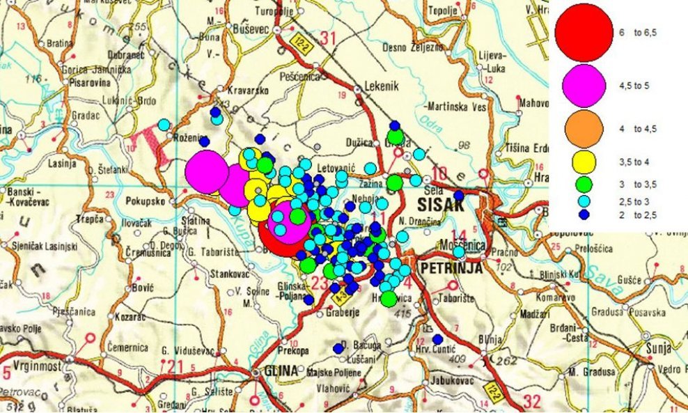 Karta epicentara potresa kod Petrinje u razdoblju od 29.12.2020. u 12:19 do 30.12.2020. u 22:00