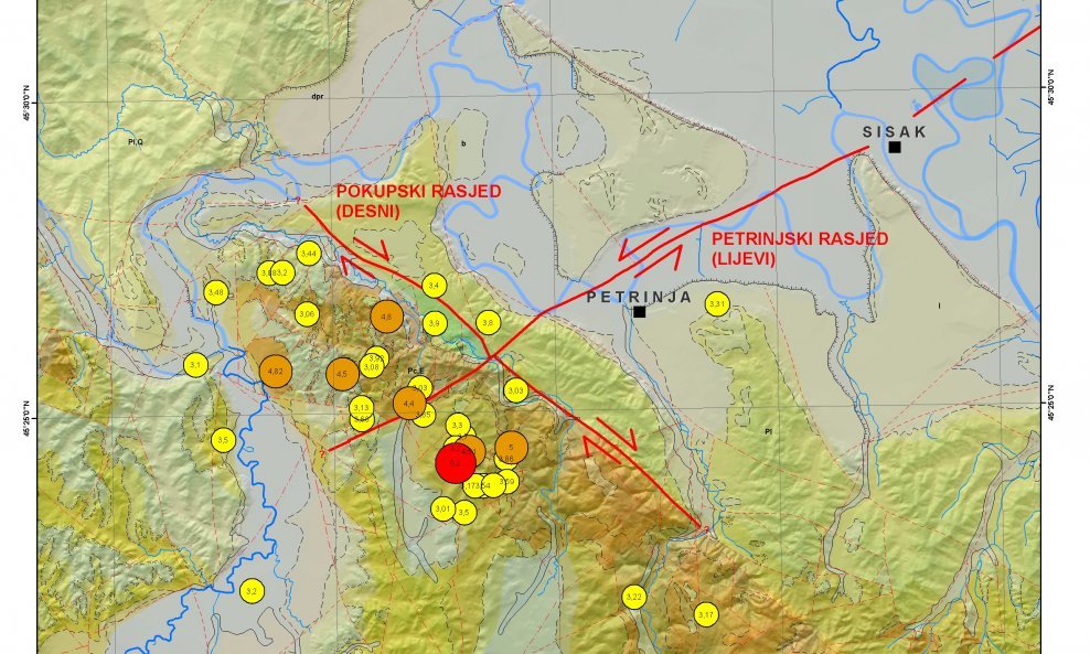 Geološka karta područja Petrinje i Siska s naglašenim glavnim rasjedima