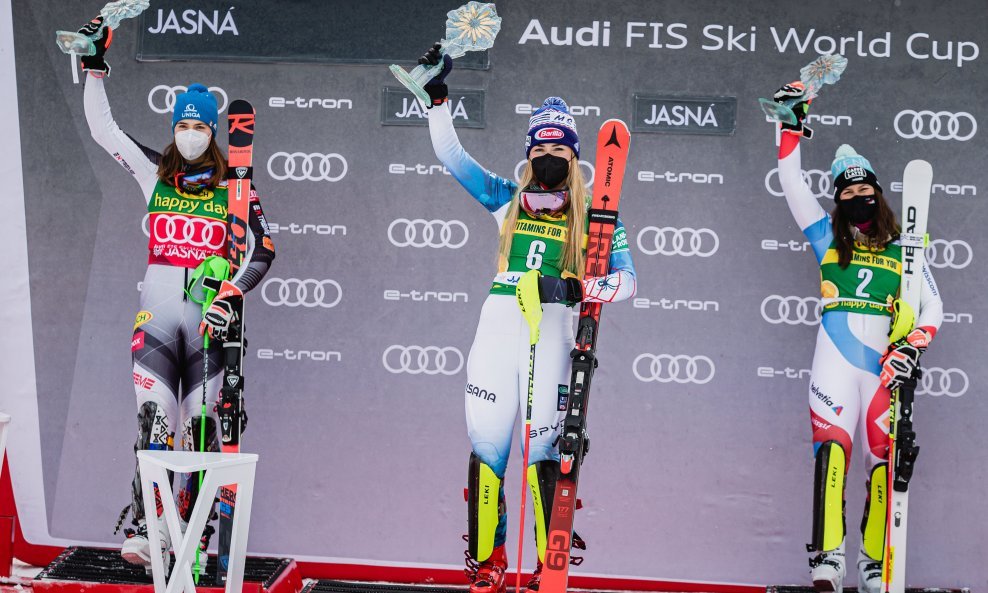 Slijeva Petra Vlhova, Mikaela Shiffrin i Wendy Holdener