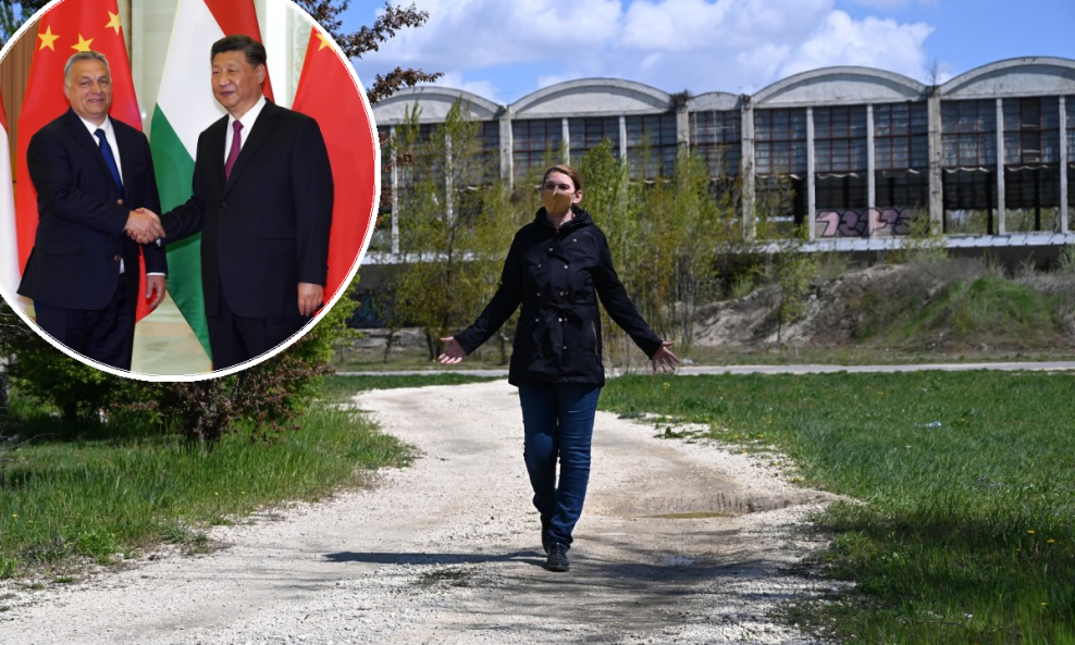 Viktor Orban i kineski predsjednik Xi Jinping (u krugu), načelnica budimpeštanskog okruga Ferencváros Krisztina Baranyi ispred gradilšta kineskog kampusa