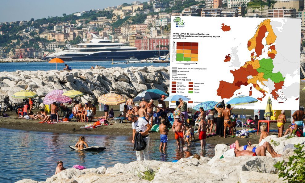 Napulj/Karta ECDC-a; Većina je Italije, poput Hrvatske, u narančastome, a južne regije Kampanija, Kalabrija, Basilicata te otoci Sardinija i Sicilija su u crvenome