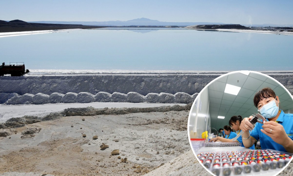 Područje Salar de Atacama u Čileu, najveća slana ravnica na svijetu, dom je približno 37 posto svjetskih rezervi litija; proizvodnja litijskih baterija u Kini (u krugu)