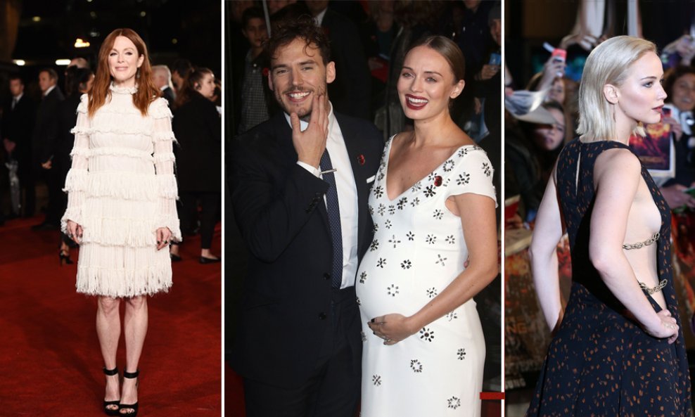 Julianne Moore, Sam Claflin sa trudnom suprugom Laurom i Jennifer Lawrence na londonskoj premijeri filma 'Igre gladi'