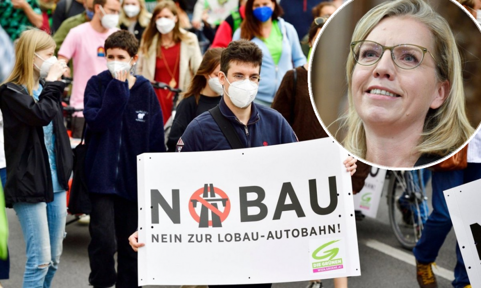 Prosvjed protiv izgradnje tunela Lobau, ministrica zaštite okoliša Leonore Gewessler (u krugu)