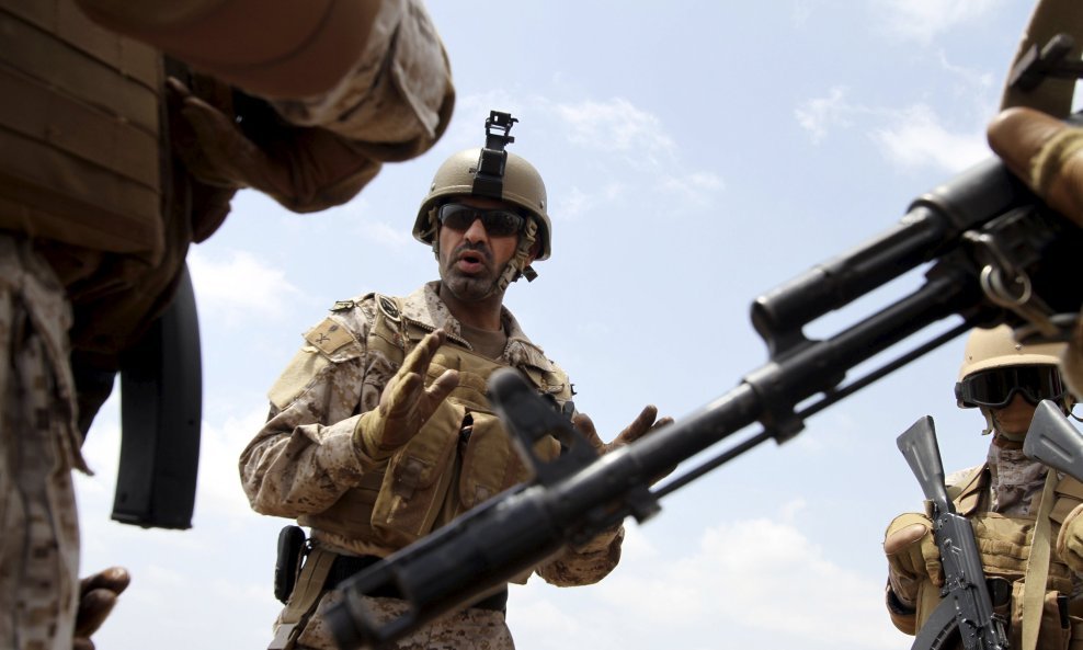 Colonel Abdullah bin Sahyan, who commands the Saudi forces in Yemen's southern port city of Aden, talks to his soldiers in their base in Aden September 28, 2015.