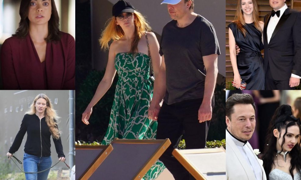 Shivon Zilis (gore lijevo), Justin Musk (dolje lijevo), Elon Musk i Natasha Bassett (u sredini), Talulah Riley (gore desno) i Grimes (dolje desno)