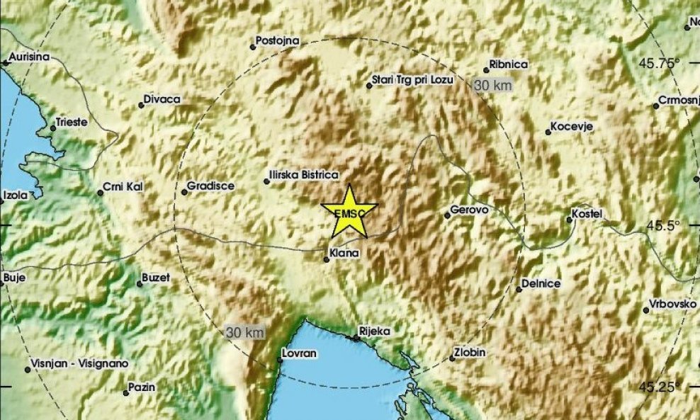 Lokacija potresa u Sloveniji koji se osjetio na riječkom području