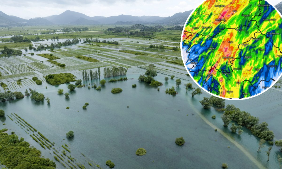 Poplava u Vrgorskom polju u svibnju, mapa švicarskog prognostičara Meteologix (u krugu)