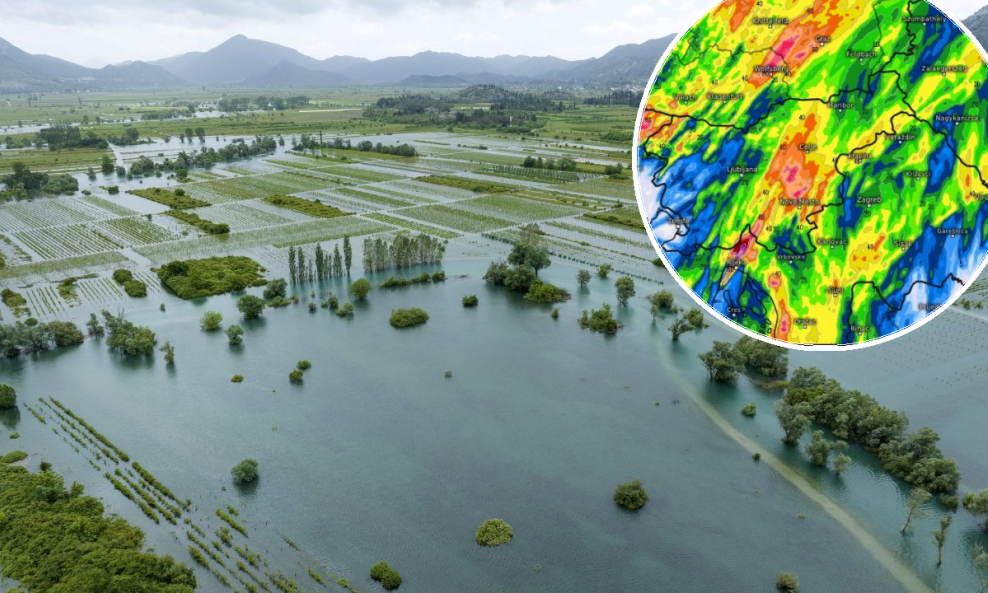 Poplava u Vrgorskom polju u svibnju, mapa švicarskog prognostičara Meteologix (u krugu)