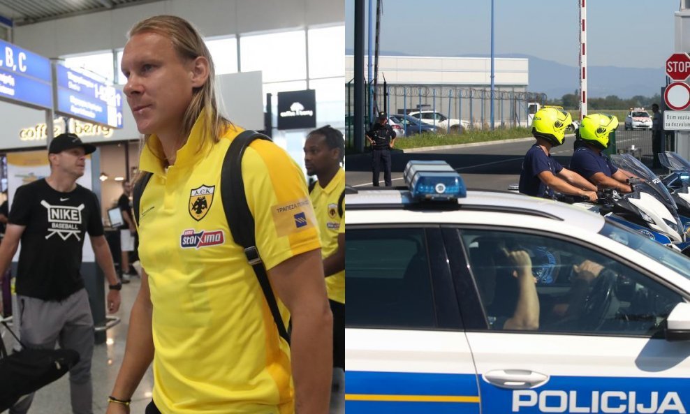 Domagoj Vida u AEK-ovom dresu u zagrebačkoj zračnoj luci; policijsko osiguranje
