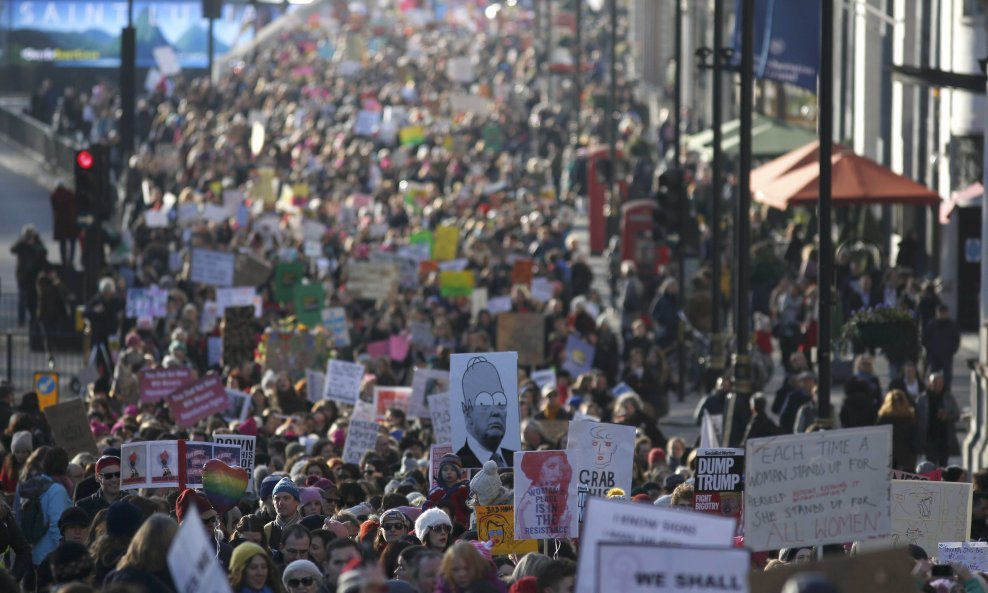 Protesters take part in the Women's March on London, as they walk from the American Embassy to Trafalgar Square, in central London, Britain January 21, 2017. The march formed part of a worldwide day of action following the election of Donald Trump to U.S.