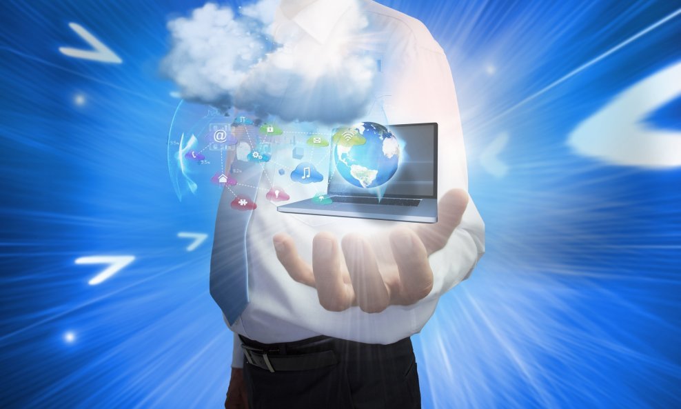 Digital composite of businessman presenting app icons and laptop with cloud, Image: 187833066, License: Royalty-free, Restrictions: , Model Release: yes, Credit line: Profimedia, Wavebreak