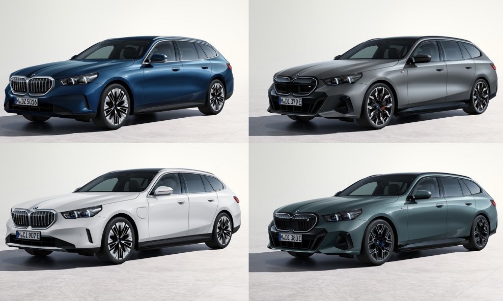 BMW 520d xDrive Touring (gore lijevo), BMW i5 M60 xDrive Touring (gore desno), BMW 530e Touring (dolje lijevo) i BMW i5 eDrive40 Touring (dolje desno)