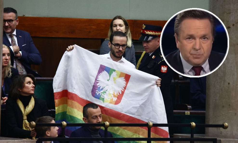 Poljski LGBTQ+ aktivist Bart Staszewski, novinar poljske televizije Wojciech Szeląg (u krugu)